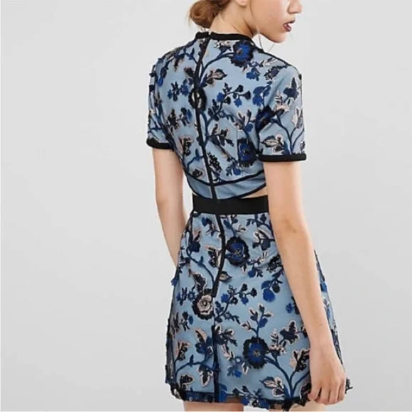 SELF PORTRAIT Florence Dress Womens 4 Blue Floral Embroider Mini Cut Out Party